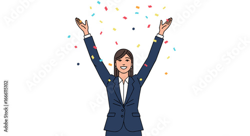 Celebrate business milestones with a confident businesswoman and falling confetti for your next corporate campaign