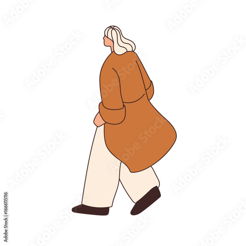 Young woman walking in coat. Female passerby in autumn outfit, modern casual style apparel, strolling outdoors. Person going in fall clothes. Flat vector illustration isolated on white background