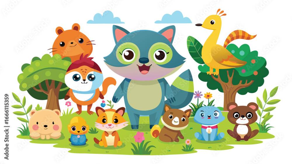 Fototapeta premium Cheerful Cartoon Forest Animals Arranged on Green Grass with Trees cute illustration