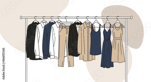 Curated closet essentials for modern women showcasing stylish dresses and professional attire on rack