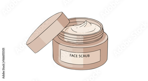 Face scrub container with open lid and creamy texture  