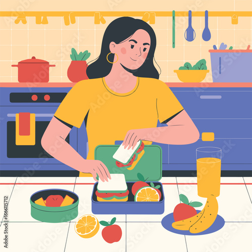 Woman packing a lunchbox with sandwiches and fruit in a kitchen setting with various food items around it