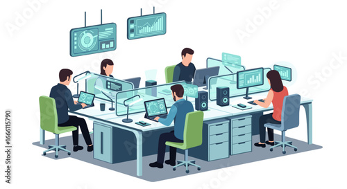 Modern data analytics team collaborating in futuristic office with digital dashboards and advanced technology