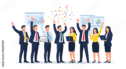 Successful business team celebrating achievement with confetti and financial charts in modern office space