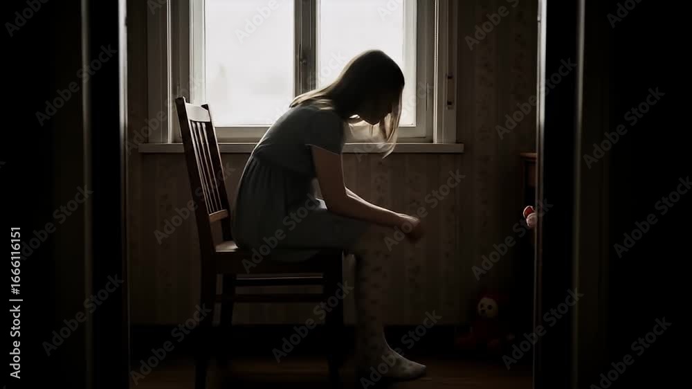 Lonely young girl sitting by a window in a somber room