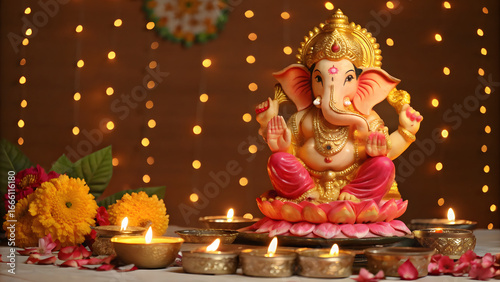 Lord Ganesha depicted on a lotus throne with golden ornaments, glowing diya lamps, and flowers, vibrant aura shining in ultra-HD, ideal for pooja, celebration, and decorative use.
