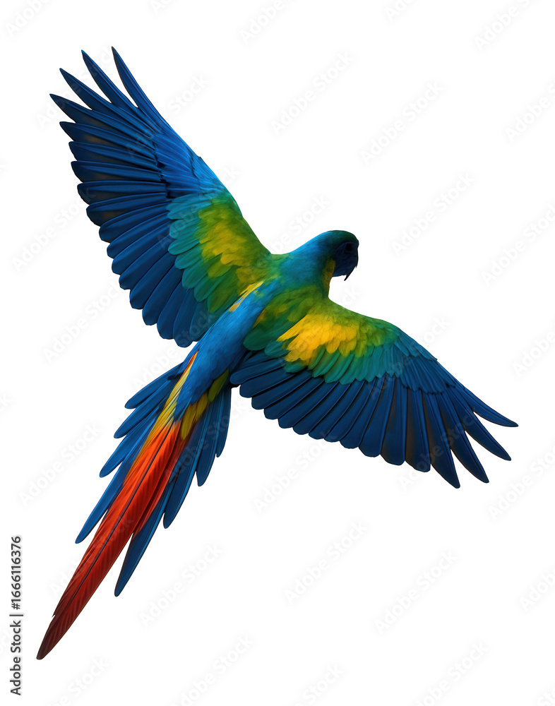 Obraz premium Silhouette of a flying macaw with vivid feathers