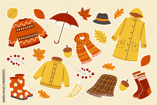 Autumn clothes. Casual clothes, warm sweaters, raincoat, hat, scarf, blanket, socks, rubber boots, umbrella. Sticker collection. Vector illustration