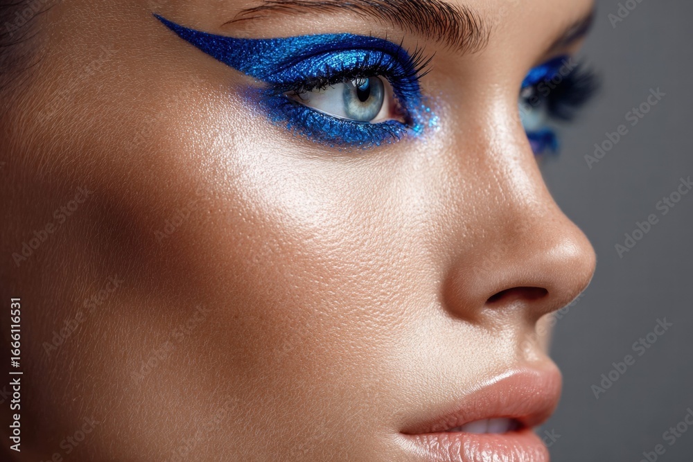 Fototapeta premium Captivating close-up of a woman's face with bold blue eyeshadow and glowing skin.