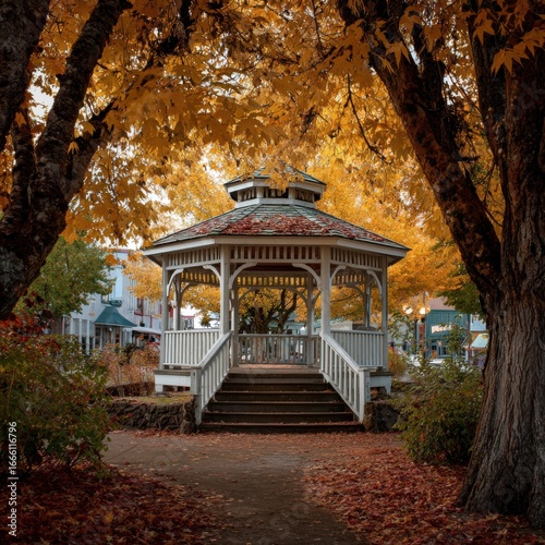 A picturesque gazebo surrounded by lush greenery and flowers.