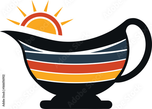 a gravy boat silhouette on retro stripe sun on whi.eps