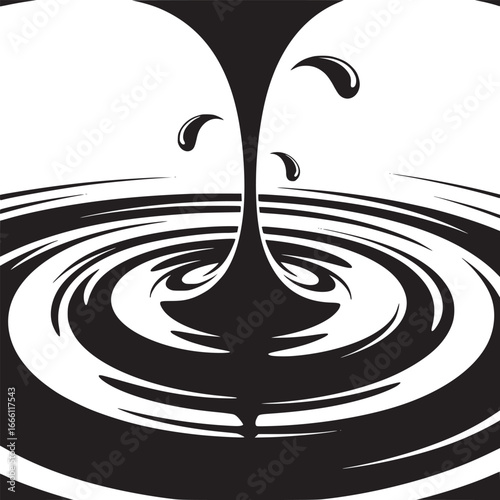 Dynamic black liquid pouring and creating ripples, a modern and bold monochromatic design element, flowing fluid