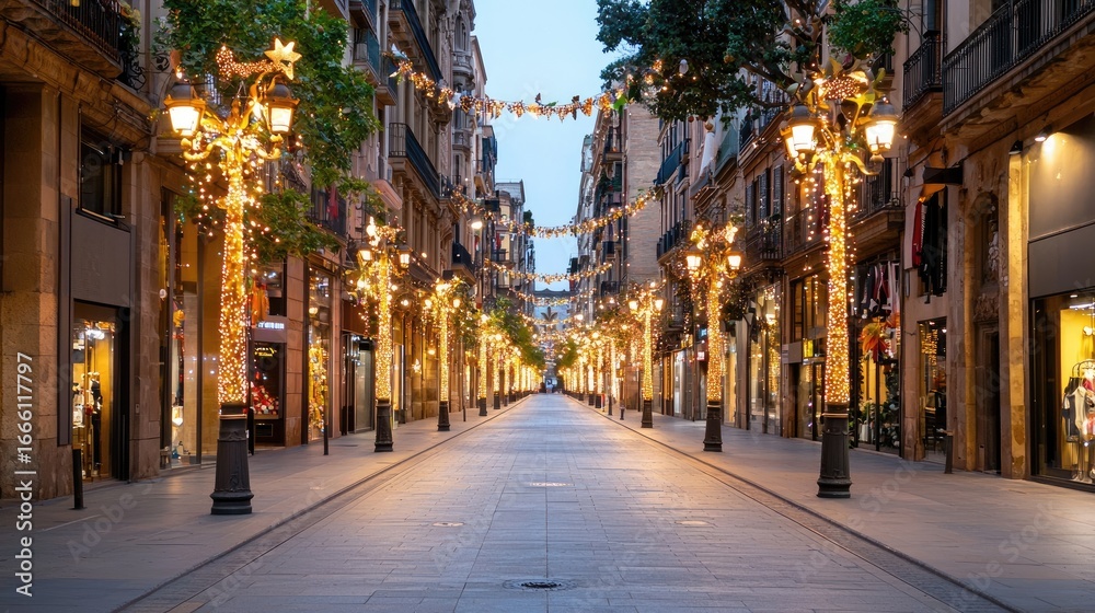 Fototapeta premium Charming Empty Street Decorated with Festive Lights and Holiday Decorations in a European City at Dusk