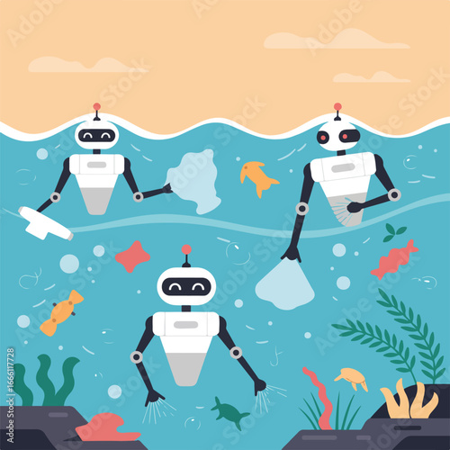 Illustration of three robots cleaning up trash and debris from the ocean with sea life around them