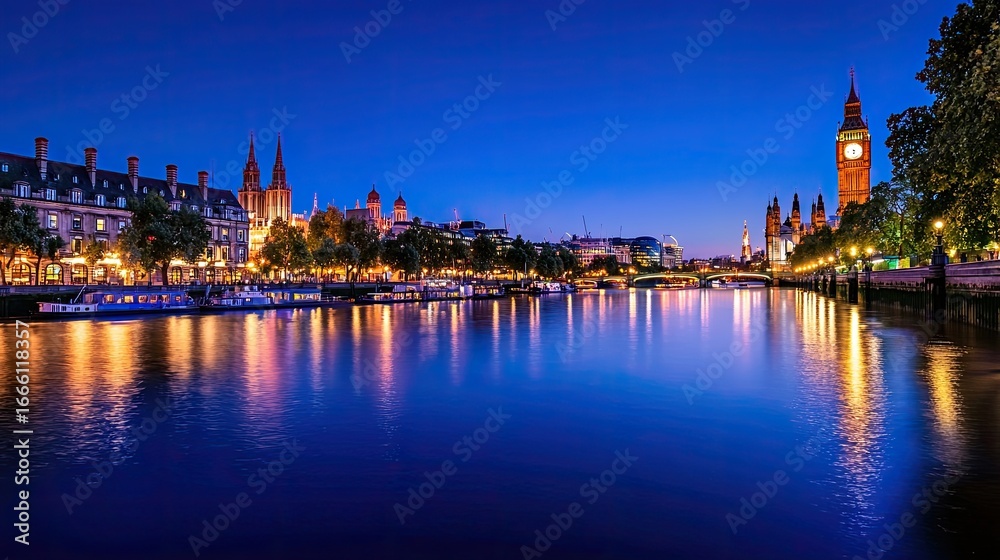 Obraz premium Stunning Night View of River Thames with Historic Landmarks Illuminated in Blue Hour, London, England