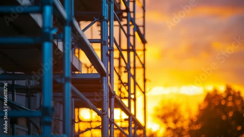 Sunset illuminates construction scaffolding against a vibrant evening sky