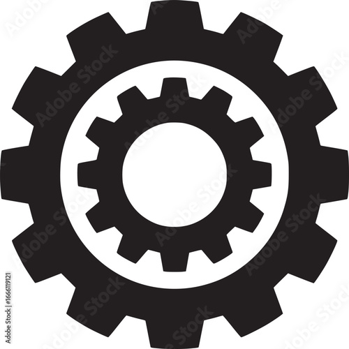 Dynamic black gear symbol representing engineering, technology, and industrial processes on white background