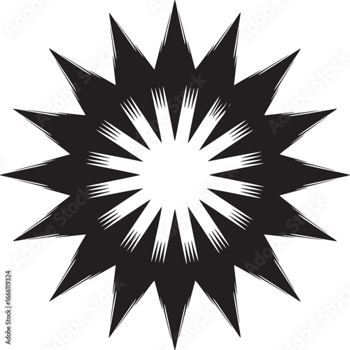 Vintage black sunburst vector icon, geometric starburst design element, retro sun shape for logo and branding, sharp spike sunburst graphic