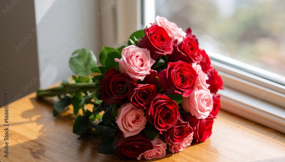 Fototapeta premium Roses in Sunlight. A Bouquet of Red and Pink Blooms, Capturing the Beauty of Fresh Flowers.