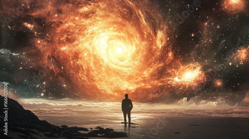 A solitary figure stands on a beach, gazing up at a swirling vortex of fire in the sky.