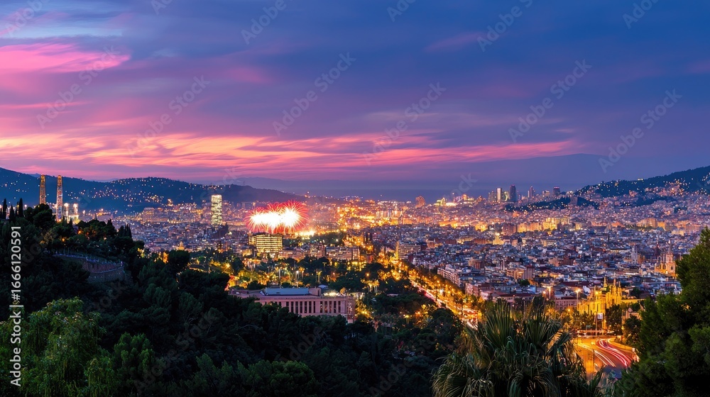 Naklejka premium Beautiful Sunset Over Cityscape of Barcelona with Vibrant Colors and Sparkling Lights