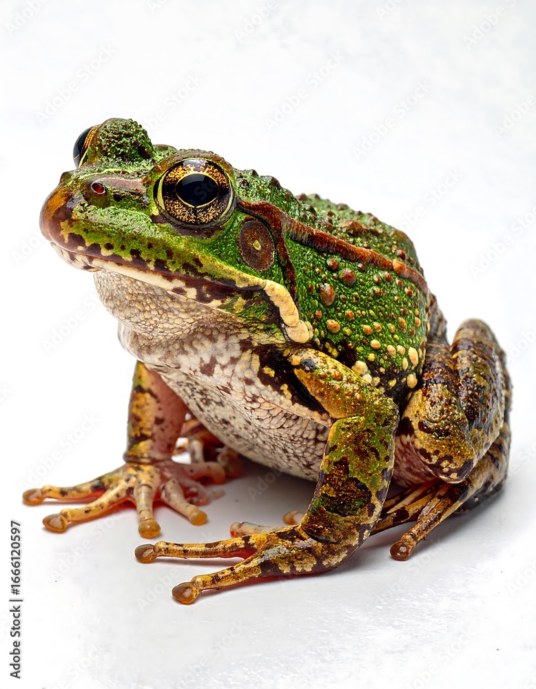Fototapeta premium Close-up of a vibrant, speckled frog with striking green and brown patterns, set against a plain white background.