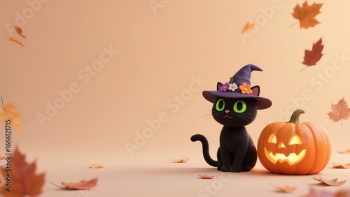 Halloween background 3d with black cat and pumpkin pastel halloween wallpaper cozy autumn environment