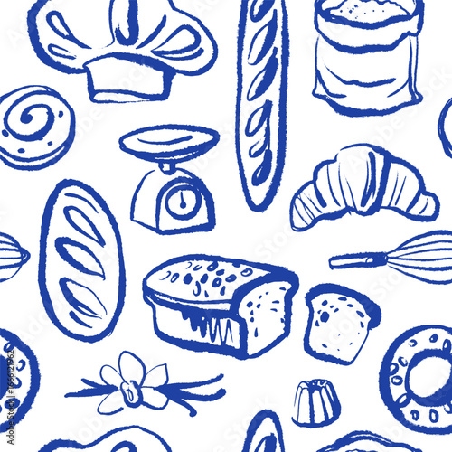 Sketch seamless bakery pattern with bread, baguette, croissant, donuts, cake, flour bag, whisk, chef hat. Hand drawn whimsical vector illustration.