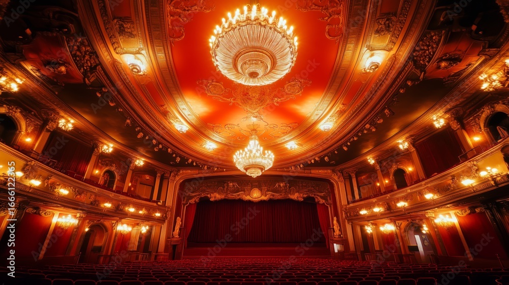 Fototapeta premium Elegant theater interior with vintage chandeliers and rich decor welcoming an evening performance experience
