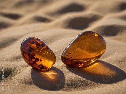 View of Orange Amber Stones lying in the Sand