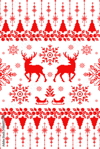 Christmas pattern pixel, Christmas card with deer. Flat vector seamless illustration design