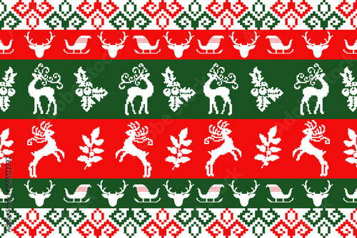 Christmas pattern pixel, Christmas seamless pattern with deer, snowflake and tree. Flat vector seamless illustration design