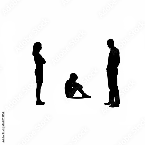 Sad boy silhouette sitting alone parents apart isolated on white background
