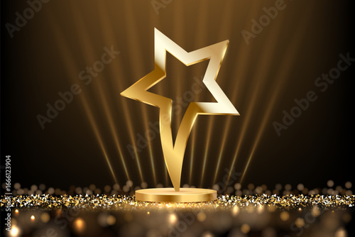 Golden award trophy. Metal gold star shaped cup. Realistic vector illustration of winners cup for sport competition, business achievement, recognition, leadership, promotion.