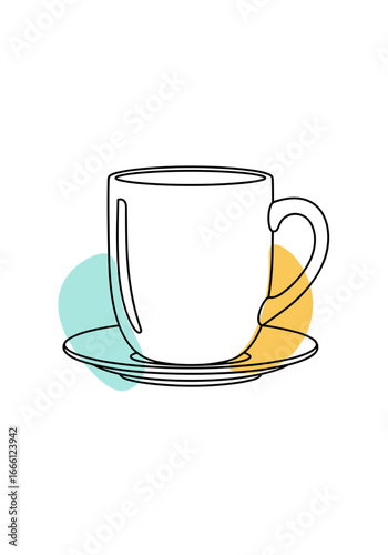 Minimalist line art coffee cup and saucer with abstract color blobs, perfect for cafes