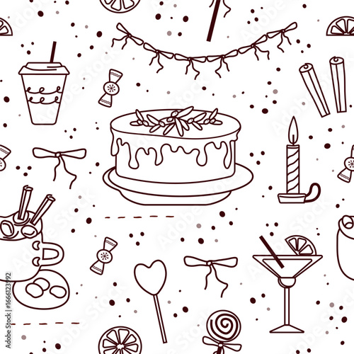 the concept of joy, celebration, seamless  pattern, dot, dessert, fruit, linear  pattern. the background for the festive design, the elements isolated on a white background. The concept of a simple 