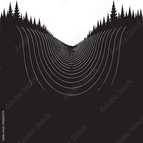 Stylish monochrome design with pine trees and curved lines creates a modern graphic element ideal for backgrounds
