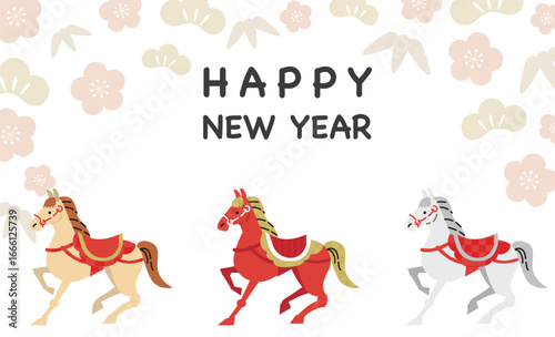 3頭の馬と松竹梅のかわいい年賀状ベクターイラスト背景素材