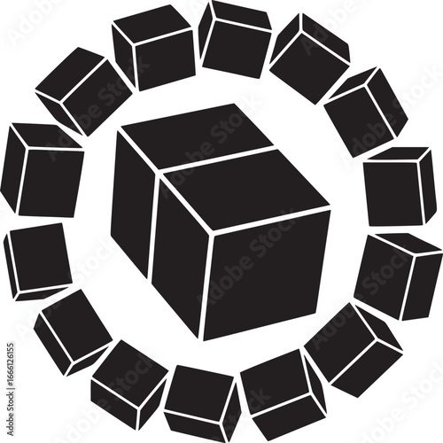 Dynamic arrangement of black cubes creating a captivating modern geometric design element on white background