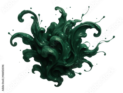 Ink splash with intricate design, dark green on white