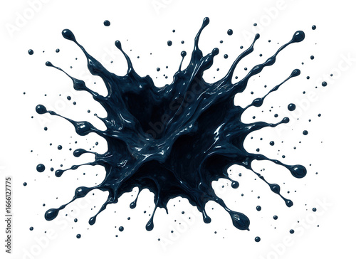 Ink splash with intricate splatter, dark navy on white