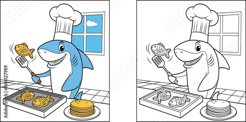 A charming cartoon shark family having a tea party on the ocean floor. A dapper father shark and cute baby sharks underwater. Vector and coloring page.