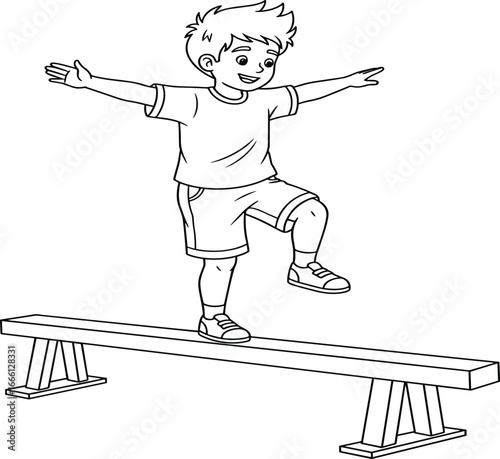 Black and white vector of child balancing on beam, playful sports activity, physical exercise, coordination skill, children’s balance training illustration