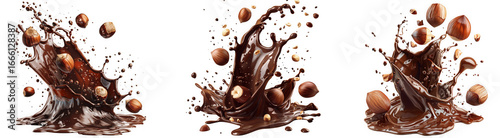 Chocolate splash with hazelnuts isolated on transparent background, showcasing the dynamic motion and delicious combination of flavors