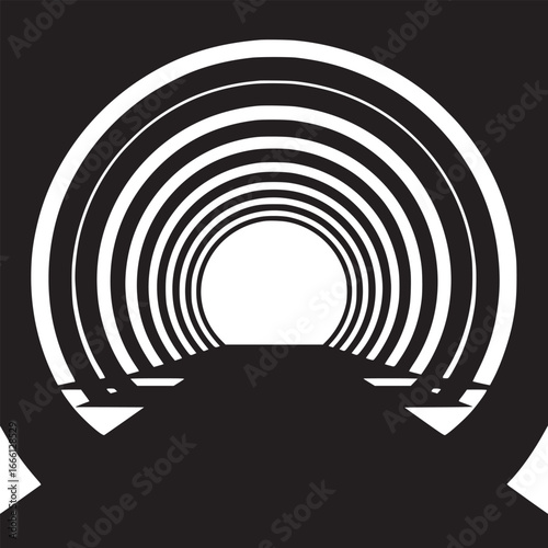 Bold abstract tunnel art drawing in black and white creates a striking visual design element