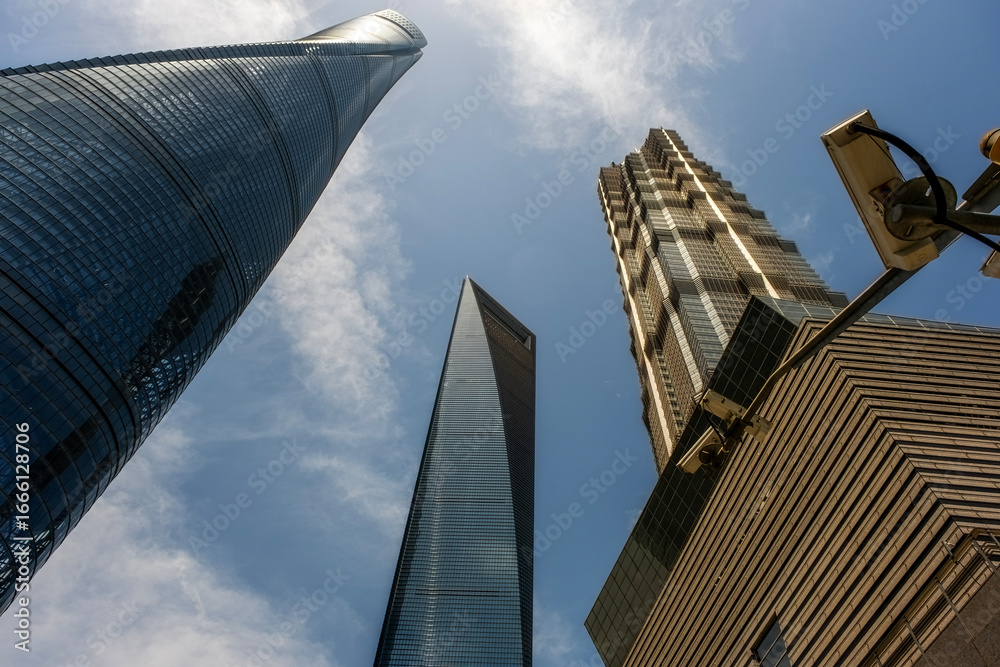 Naklejka premium Looking up at Skyscrapers in Shanghai China