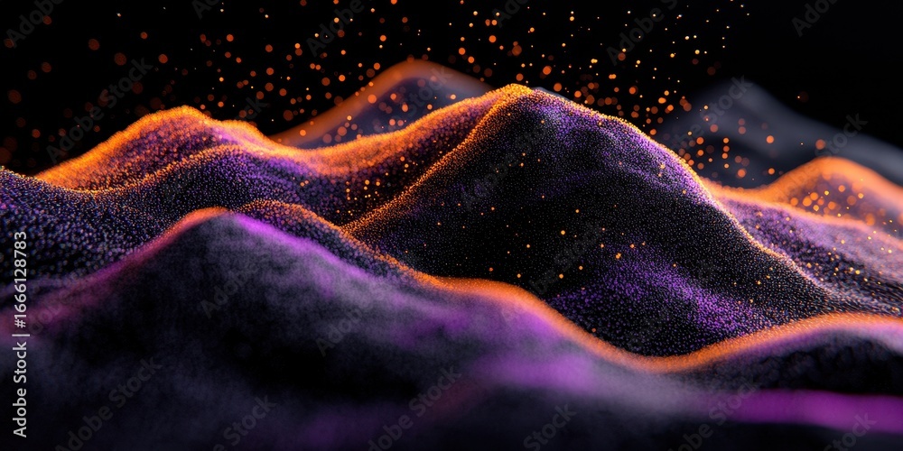 Obraz premium Abstract landscape with purple and orange hues and scattered glowing particles above
