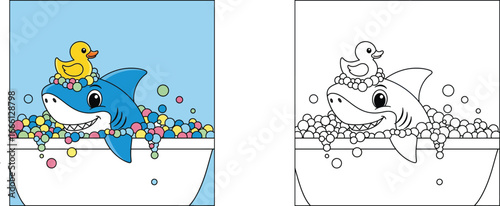 Cute cartoon shark taking a bubble bath with a rubber duck on its head. Vector illustration and coloring page for kids.