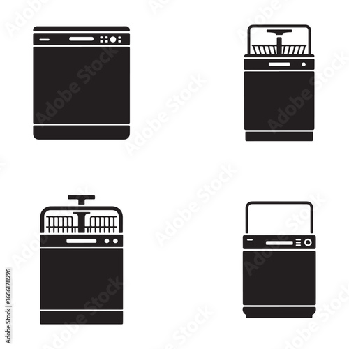 Four black silhouette illustrations of modern dishwashers.