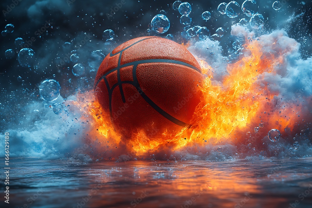 Fototapeta premium Orange basketball engulfed in flames and water splashes with bubbles fire